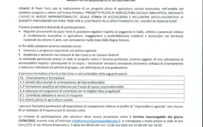 Avviso di Selezione di 20 Destinatari cittadini di paesi terzi per la realizzazione di un progetto di agricoltura sociale innovativa