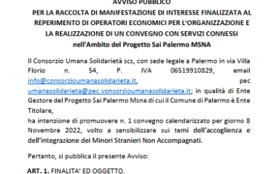 AVVISO PUBBLICO PER LA RACCOLTA DI MANIFESTAZIONE DI INTERESSE FINALIZZATA AL REPERIMENTO DI OPERATORI ECONOMICI PER L’ORGANIZZAZIONE E LA REALIZZAZIONE DI UN CONVEGNO CON SERVIZI CONNESSI nell’Ambito del Progetto SAI Palermo MSNA