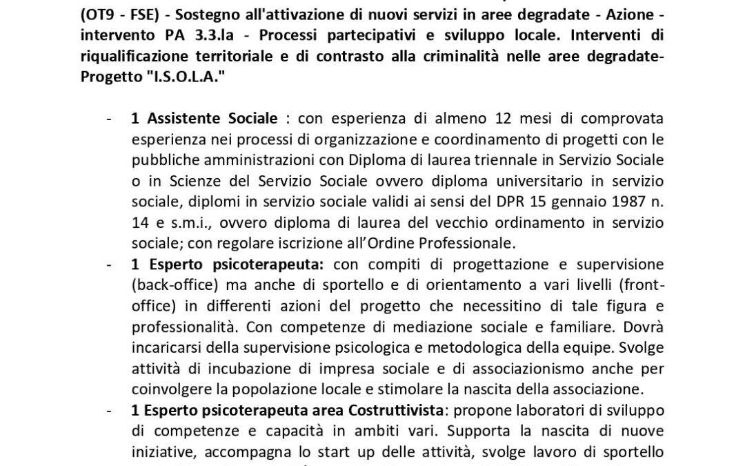 AVVISO SELEZIONE PERSONALE. Il Consorzio Umana Solidarietà ricerca: 1 ASSISTENTE SOCIALE, 1 ESPERTO PSICOTERAPEUTA, 1 ESPERTO PSICOTERAPEUTA area Costruttivista, 1 ESPERTO DIREZIONE ARTISTICA, 1 EDUCATORE, 1 ANIMATORE. Domande entro e non oltre il 07/12/2022