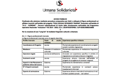 AVVISO PUBBLICO Finalizzato alla selezione mediante procedura comparativa per titoli e colloquio di figure professionali cui affidare incarichi nell’ambito del progetto “POLO SOCIALE INTEGRATO TRAPANI” finanziato nell’ambito di “P.I.U – SUPREME” – Percorsi Individualizzati di Uscita dallo sfruttamento nell’ambito del Programma Operativo Nazionale “Inclusione” FSE 2014 – 2020, CCI n. 2014IT05SFOP001. CUP B35B19000250006 e Per la creazione di una “Long list” di mediatori linguistici culturali a chiamata