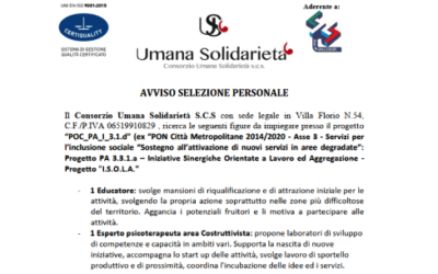 AVVISO RICERCA PERSONALE. Il Consorzio Umana Solidarietà s.c.s. ricerca le figure di n. 1 EDUCATORE e di n.1 ESPERTO PSICOTERAPEUTA. Domande entro e non oltre il 30/06/2023