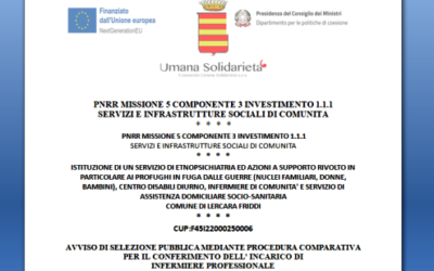 RIAPERTURA TERMINI / AVVISO DI SELEZIONE PUBBLICA MEDIANTE PROCEDURA COMPARATIVA PER IL CONFERIMENTO DELL’INCARICO DI  INFERMIERE PROFESSIONALE PER SERVIZIO DI ETNOPSICHIATRIA (Domande entro il 10 Agosto 2023) / ISTITUZIONE DI UN SERVIZIO DI ETNOPSICHIATRIA ED AZIONI A SUPPORTO RIVOLTO IN PARTICOLARE AI PROFUGHI IN FUGA DALLE GUERRE (NUCLEI FAMILIARI, DONNE, BAMBINI), CENTRO DISABILI DIURNO, INFERMIERE DI COMUNITA’ E SERVIZIO DI ASSISTENZA DOMICILIARE SOCIO-SANITARIA  COMUNE DI LERCARA FRIDDI / CUP:F45I22000250006 / PNRR MISSIONE 5 COMPONENTE 3 INVESTIMENTO 1.1.1  SERVIZI E INFRASTRUTTURE SOCIALI DI COMUNITA