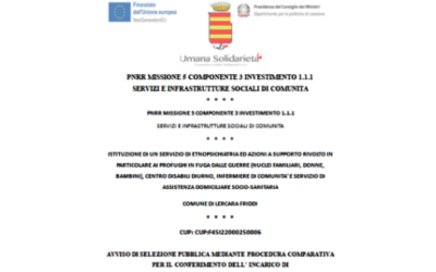 AVVISO DI SELEZIONE PUBBLICA MEDIANTE PROCEDURA COMPARATIVA PER IL CONFERIMENTO DELL’INCARICO DI MEDICO PSICHIATRA – RESPONSABILE DEL SERVIZIO (Domande entro il 27 Giugno 2023) / ISTITUZIONE DI UN SERVIZIO DI ETNOPSICHIATRIA ED AZIONI A SUPPORTO RIVOLTO IN PARTICOLARE AI PROFUGHI IN FUGA DALLE GUERRE (NUCLEI FAMILIARI, DONNE, BAMBINI), CENTRO DISABILI DIURNO, INFERMIERE DI COMUNITA’ E SERVIZIO DI ASSISTENZA DOMICILIARE SOCIO-SANITARIA  COMUNE DI LERCARA FRIDDI / PNRR MISSIONE 5 COMPONENTE 3 INVESTIMENTO 1.1.1 SERVIZI E INFRASTRUTTURE SOCIALI DI COMUNITA