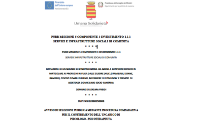 AVVISO DI SELEZIONE PUBBLICA MEDIANTE PROCEDURA COMPARATIVA PER IL CONFERIMENTO DELL’INCARICO DI PSICOLOGO – PSICOTERAPEUTA (Domande entro il 27 Giugno 2023) / ISTITUZIONE DI UN SERVIZIO DI ETNOPSICHIATRIA ED AZIONI A SUPPORTO RIVOLTO IN PARTICOLARE AI PROFUGHI IN FUGA DALLE GUERRE (NUCLEI FAMILIARI, DONNE, BAMBINI), CENTRO DISABILI DIURNO, INFERMIERE DI COMUNITA’ E SERVIZIO DI ASSISTENZA DOMICILIARE SOCIO-SANITARIA COMUNE DI LERCARA FRIDDI  / CUP:F45I22000250006 / PNRR MISSIONE 5 COMPONENTE 3 INVESTIMENTO 1.1.1 SERVIZI E INFRASTRUTTURE SOCIALI DI COMUNITA’