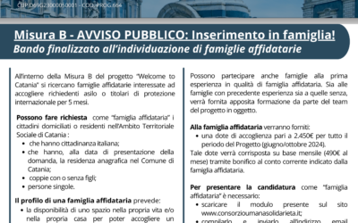 Progetto WELCOME TO CATANIA “Interventi straordinari di accoglienza integrata, misure innovative di inserimento abitativo e rafforzamento delle procedure di presa in carico delle crescenti vulnerabilità in favore di richiedenti e titolari di protezione internazionale” – CUP D69G23000050001 – Cod. Prog.664 – Avviso pubblico Finalizzato all’individuazione di famiglie affidatarie per i soggetti di cui alla misura B “Misure Sperimentali di inserimento abitativo. Accoglienza in famiglia”