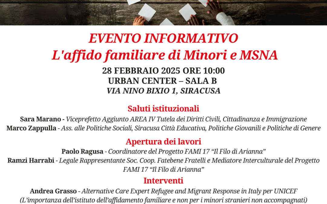 SIRACUSA: UN EVENTO INFORMATIVO SULL’AFFIDO FAMILIARE PER MINORI E MSNA